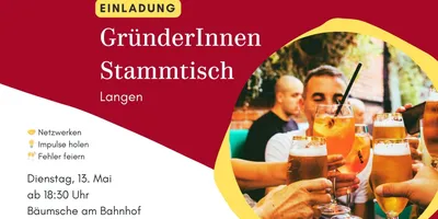 Einladung zum Gründerinnen und Gründer Stammtisch in Langen. Am 13. Mai 2025, ab 18:30 Uhr.