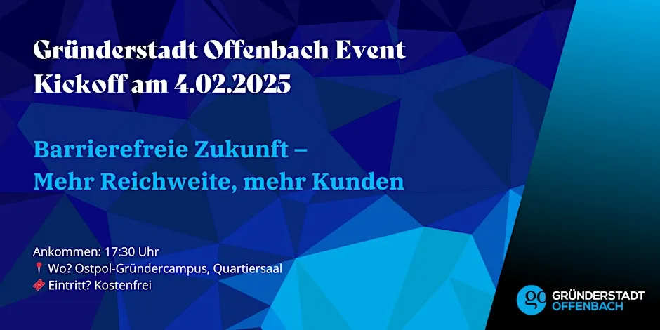 Veranstaltungsbanner der Gründerstadt Offenbach zum Thema "Barrierefreie Zukunft - Mehr Reichweite, mehr Kunden"