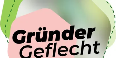 Logo mit den Worten 'Gründer Geflecht' vor überlappenden, unregelmäßigen Formen in Grün, Rosa und Grau.