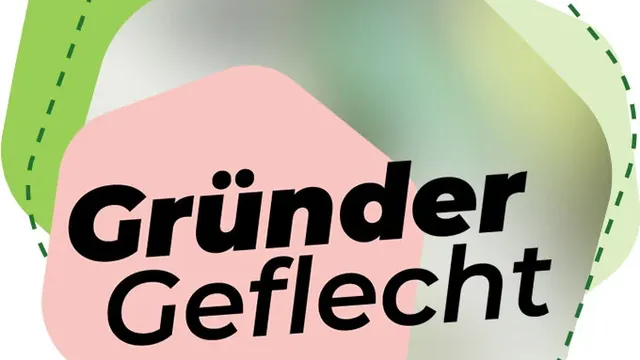 Logo mit den Worten 'Gründer Geflecht' vor überlappenden, unregelmäßigen Formen in Grün, Rosa und Grau.