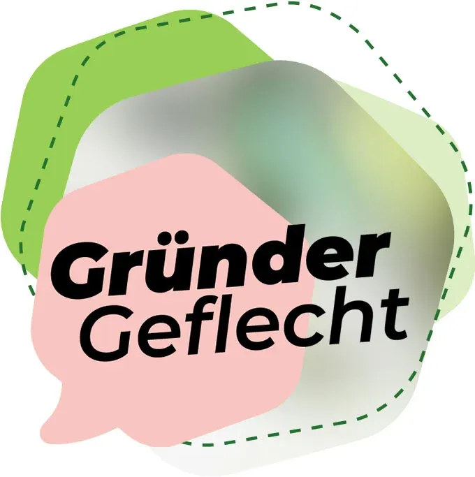 Logo mit den Worten 'Gründer Geflecht' vor überlappenden, unregelmäßigen Formen in Grün, Rosa und Grau.