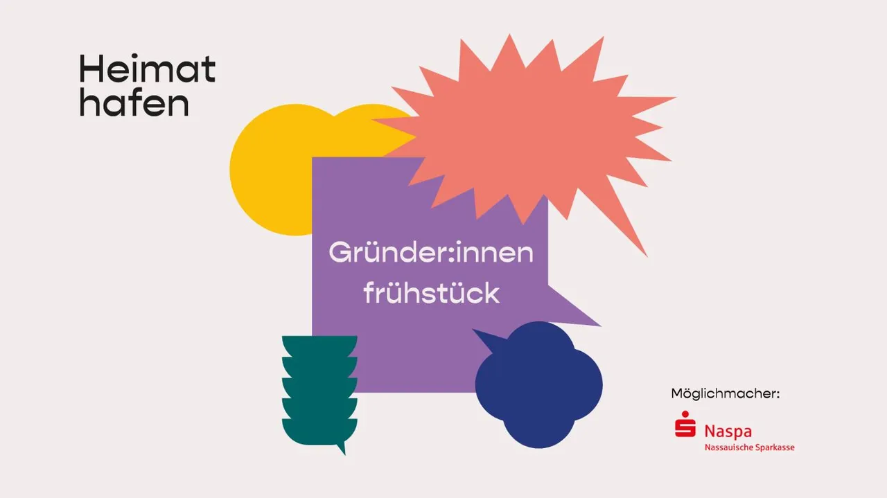 Veranstaltungsbanner für das Gründerfrühstück Wiesbaden im Heimathafen Wiesbaden. In der Mitte ist eine große, lila Sprechblase, drumherum andersförmige Sprechblasen.
