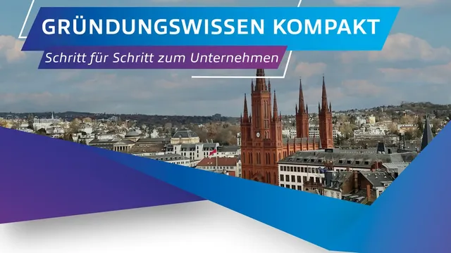 Stadtansicht mit roten Kirchtürmen unter blauem Himmel, darüber Text 'GRÜNDUNGSWISSEN KOMPAKT' und 'Schritt für Schritt zum Unternehmen' auf blauem Hintergrund.