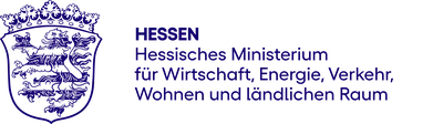 Wappen von Hessen neben dem Text 'HESSEN Hessisches Ministerium für Wirtschaft, Energie, Verkehr, Wohnen und ländlichen Raum' in blauer Schrift