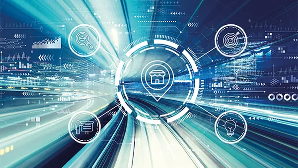 Digitale Symbole für Datenanalyse, Zielsetzung, Innovation und Kommunikation vor einem verschwommenen Tunnelhintergrund