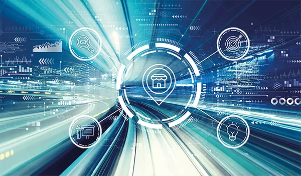 Digitale Symbole für Datenanalyse, Zielsetzung, Innovation und Kommunikation vor einem verschwommenen Tunnelhintergrund