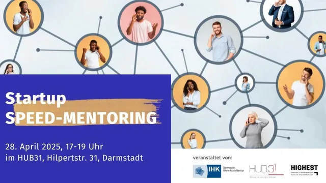 Veranstaltungsbanner mit Menschen in einer Netzwerkstruktur, die unterschiedliche Probleme und Fragestellungen haben. Das Event findet am 28. April 2025 statt und wir veranstaltet von IHK Darmstadt, HUB31 und HIGHEST