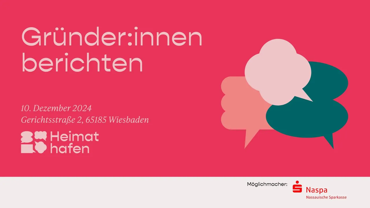 Veranstaltungsbanner des Heimathafen Wiesbadens mit der Einladung zur Veranstaltung "Gründer:innen berichten" am 10.12.2024