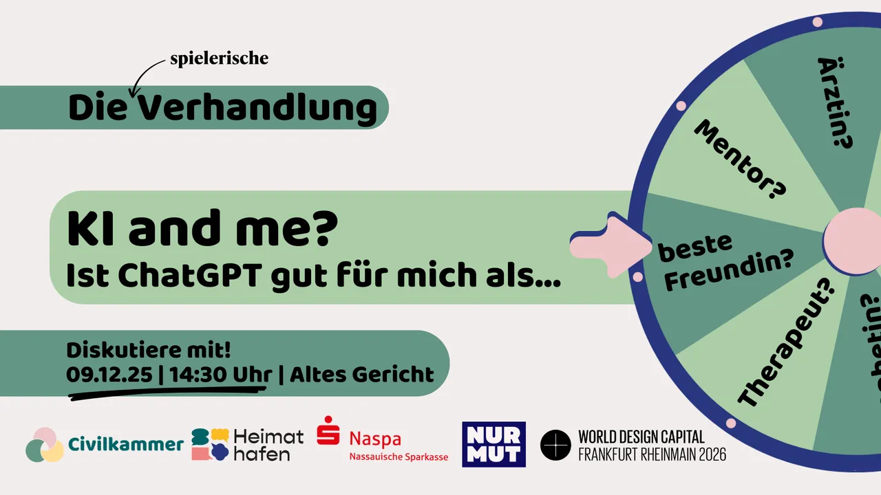 Glücksspielrad mit Segmenten 'Mentor?', 'Ärztin?', 'Therapeutin?', 'beste Freundin?' und Text 'KI and me? Ist ChatGPT gut für mich als...'.