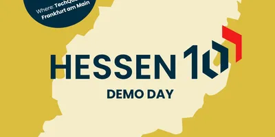 Karte von Hessen mit Text 'HESSEN 10 DEMO DAY', Veranstaltung am 15. Mai 2025 um 15 Uhr im TechQuartier Frankfurt am Main