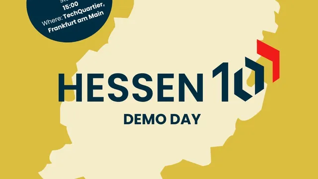 Karte von Hessen mit Text 'HESSEN 10 DEMO DAY', Veranstaltung am 15. Mai 2025 um 15 Uhr im TechQuartier Frankfurt am Main