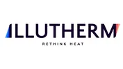 Schriftzug 'ILLUTHERM' mit blauem Farbverlauf am Anfang und rotem Farbverlauf am Ende sowie kleingeschriebener Schriftzug 'RETHINK HEAT' darunter