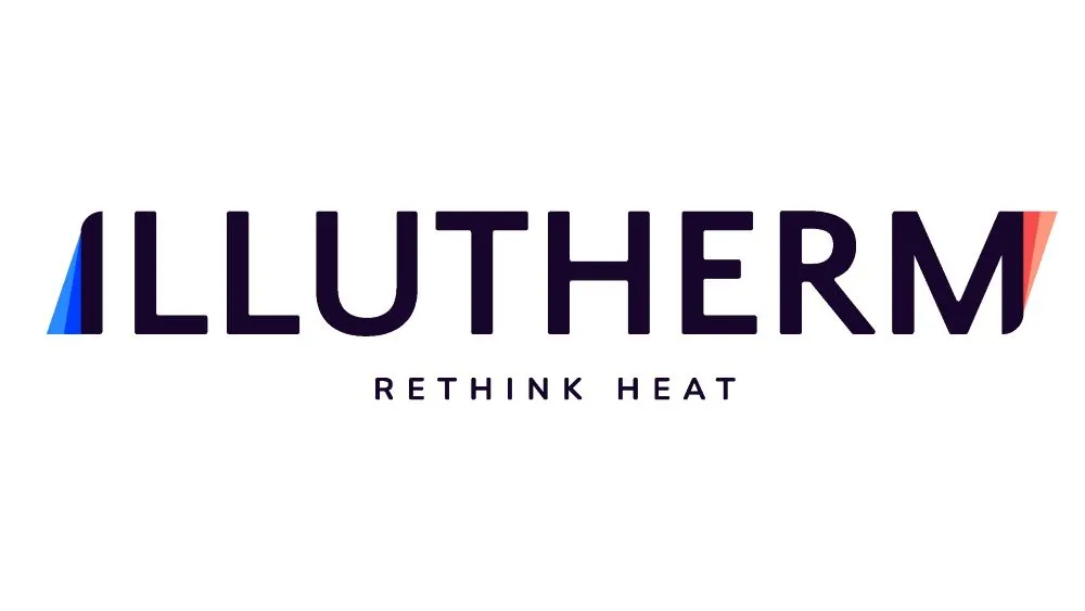 Schriftzug 'ILLUTHERM' mit blauem Farbverlauf am Anfang und rotem Farbverlauf am Ende sowie kleingeschriebener Schriftzug 'RETHINK HEAT' darunter