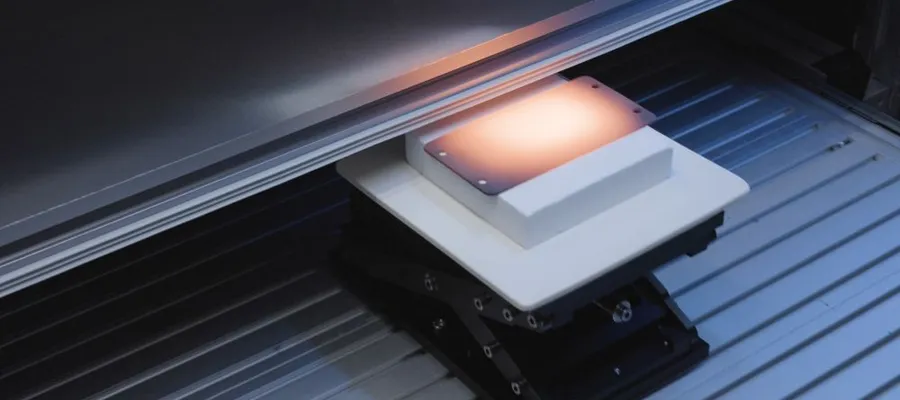 Nahaufnahme eines weißen, quadratischen Geräts mit beleuchteter Oberfläche auf einer schwarzen, höhenverstellbaren Plattform vor einem Aluminiumprofil-Hintergrund