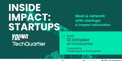 Grafik mit Text zu einer Veranstaltung namens 'INSIDE IMPACT: STARTUPS' mit Details zu Datum, Uhrzeit und Ort sowie den Veranstaltern YOUNG forum und TechQuartier