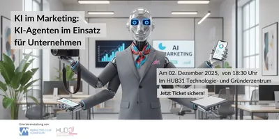 Roboter mit Anzug, Krawatte und mehreren Armen hält Smartphone, Tablet und Kamera in einem modernen Büro mit Bildschirmen im Hintergrund.