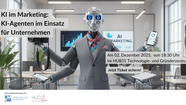 Roboter mit Anzug, Krawatte und mehreren Armen hält Smartphone, Tablet und Kamera in einem modernen Büro mit Bildschirmen im Hintergrund.