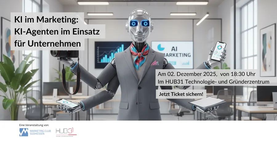 Roboter mit Anzug, Krawatte und mehreren Armen hält Smartphone, Tablet und Kamera in einem modernen Büro mit Bildschirmen im Hintergrund.