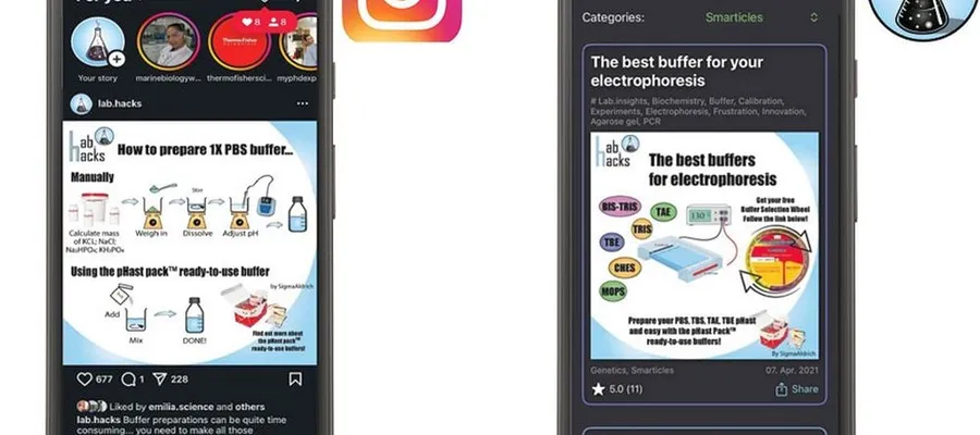 Zwei Smartphones zeigen Instagram-Posts von lab.hacks mit wissenschaftlichen Anleitungen und Grafiken zu Pufferlösungen und Elektrophorese.