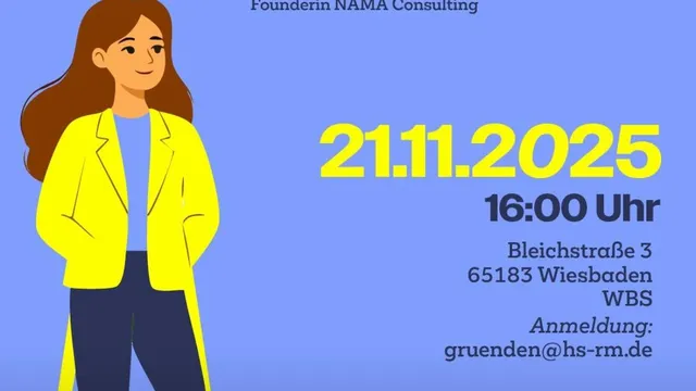 Illustration einer Frau mit braunen Haaren, gelber Jacke und blauer Hose, die auf einer gelben Leiter lehnt, vor blauem Hintergrund mit gelbem und schwarzem Text.