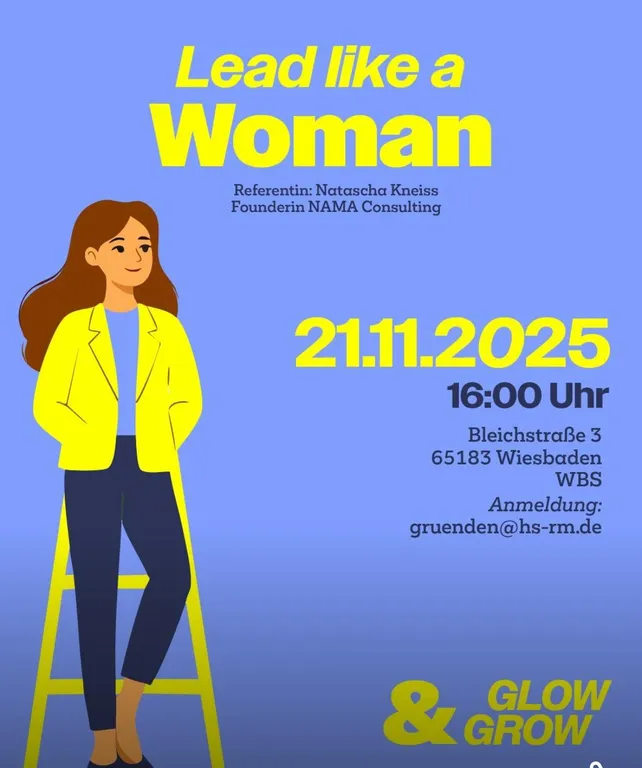 Illustration einer Frau mit braunen Haaren, gelber Jacke und blauer Hose, die auf einer gelben Leiter lehnt, vor blauem Hintergrund mit gelbem und schwarzem Text.