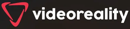Weißes Logo mit rotem, dreieckigem Symbol und dem Schriftzug 'videoreality' auf schwarzem Hintergrund