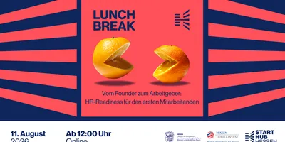 Zwei Orangenschalen, die sich gegenüberstehen und wie sprechende Figuren wirken, vor rotem Hintergrund mit Text 'LUNCH BREAK Vom Founder zum Arbeitgeber: HR-Readiness für den ersten Mitarbeitenden'