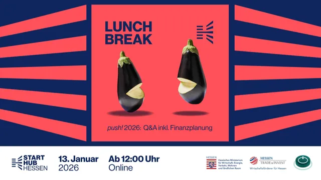 Zwei Auberginen mit eingeschnittenen Mundformen vor rotem Hintergrund, darüber der Text 'LUNCH BREAK'.