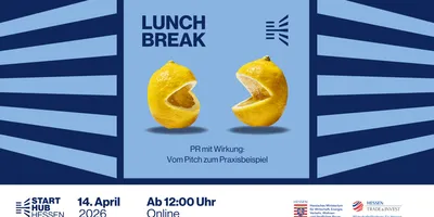 Zwei Zitronenhälften mit ausgeschnittenen Mündern, die sich gegenüberstehen, vor blauem Hintergrund mit Text 'LUNCH BREAK' und Veranstaltungsdetails.