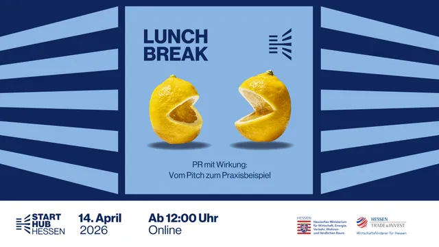 Zwei Zitronenhälften mit ausgeschnittenen Mündern, die sich gegenüberstehen, vor blauem Hintergrund mit Text 'LUNCH BREAK' und Veranstaltungsdetails.