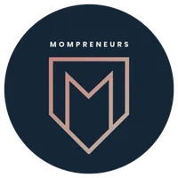 Logo mit dunkelblauem Kreis, darin ein roségoldener Schild mit stilisiertem Buchstaben M und dem Schriftzug 'MOMPRENEURS' darüber.