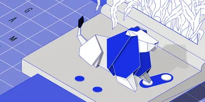 Eine stilisierte, abstrakte Figur aus polygonalen Formen in Weiß und Blau steht auf einer rechteckigen Plattform mit zwei blauen Punkten. Die Plattform liegt auf einem karierten Untergrund, auf dem das Wort 'GAMES' in Großbuchstaben steht.