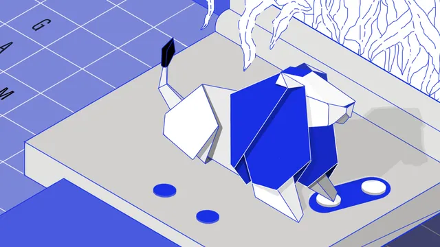 Eine stilisierte, abstrakte Figur aus polygonalen Formen in Weiß und Blau steht auf einer rechteckigen Plattform mit zwei blauen Punkten. Die Plattform liegt auf einem karierten Untergrund, auf dem das Wort 'GAMES' in Großbuchstaben steht.