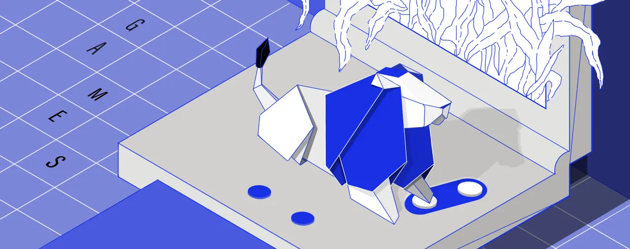 Eine stilisierte, abstrakte Figur aus polygonalen Formen in Weiß und Blau steht auf einer rechteckigen Plattform mit zwei blauen Punkten. Die Plattform liegt auf einem karierten Untergrund, auf dem das Wort 'GAMES' in Großbuchstaben steht.