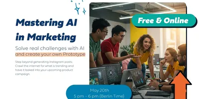 Vier Personen arbeiten gemeinsam an Laptops in einem modernen Büro, Text kündigt kostenlosen Online-Kurs 'Mastering AI in Marketing' am 20. Mai von 17 bis 18 Uhr Berliner Zeit an
