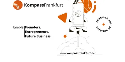Logo von Kompass Frankfurt mit Slogan 'Enable Founders. Entrepreneurs. Future Business.' und stilisierte Rakete, die startet, umgeben von grafischen Elementen