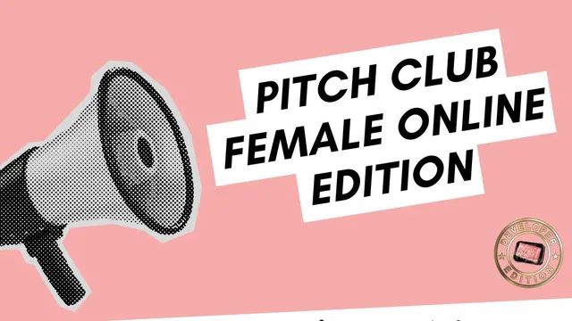 Die Grafik bewirbt die 'Pitch Club Female Online Edition', die am 28. Mai 2025 stattfindet. Oben sind drei Fotos von weiblichen Sprecherinnen auf einer Bühne zu sehen. In der Mitte steht in großer, schräger Schrift: 'PITCH CLUB FEMALE ONLINE EDITION'. Lin