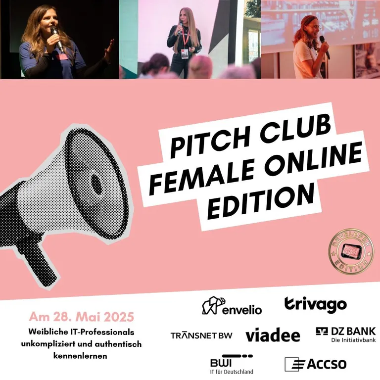 Die Grafik bewirbt die 'Pitch Club Female Online Edition', die am 28. Mai 2025 stattfindet. Oben sind drei Fotos von weiblichen Sprecherinnen auf einer Bühne zu sehen. In der Mitte steht in großer, schräger Schrift: 'PITCH CLUB FEMALE ONLINE EDITION'. Lin