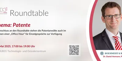 Ankündigung für HUB31 Roundtable zum Thema Patente am 14. Mai 2025 von 17 bis 19 Uhr mit Dr. Daniel Hermason, Patentanwalt, im HUB31 Technologie- und Gründerzentrum