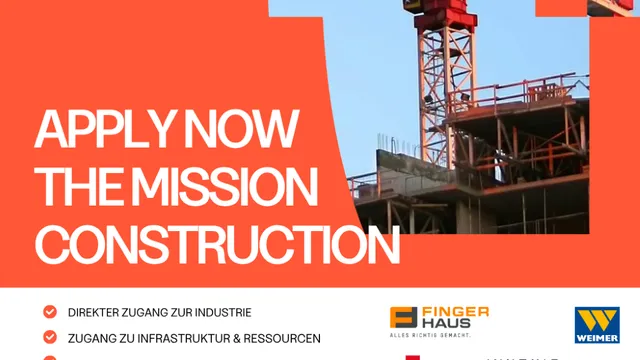 Plakat mit oranger Hintergrundfarbe, weißer Schrift und Bild eines Baukrans über einer Baustelle, Text mit Aufruf zur Bewerbung für ein Bauprojekt, Logos von Finger Haus, Weimer, Lupp, Innexis und Sälzer am unteren Rand