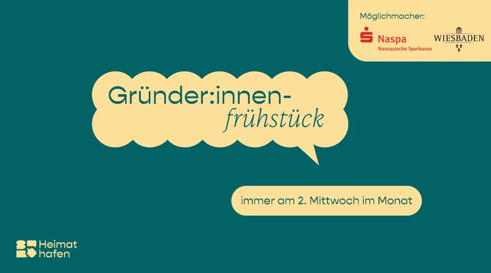 Sprechblase mit dem Text 'Gründer:innen-frühstück' und darunter ein kleinerer Text 'immer am 2. Mittwoch im Monat' auf grünem Hintergrund, oben rechts Logos von Naspa und Wiesbaden, unten links Logo von Heimathafen