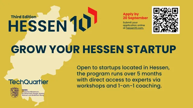 Plakat mit der Überschrift 'HESSEN 10' und dem Slogan 'GROW YOUR HESSEN STARTUP' vor einer Hessen-Karten-Silhouette, dazu Text zu einem fünfmonatigen Programm für Startups in Hessen mit Expertenzugang und Coaching sowie einem QR-Code.