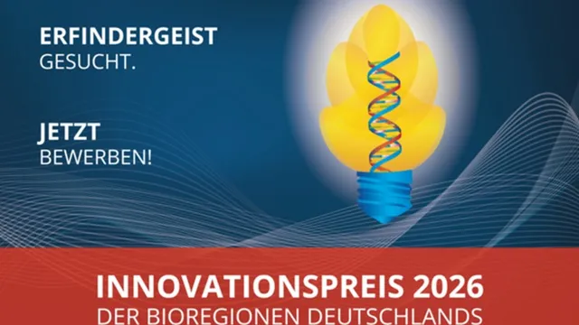 Plakat mit stilisierter Glühbirne, in der eine DNA-Doppelhelix zu sehen ist, darüber der Text 'ERFINDERGEIST GESUCHT. JETZT BEWERBEN!' und darunter 'INNOVATIONSPREIS 2026 DER BIOREGIONEN DEUTSCHLANDS'