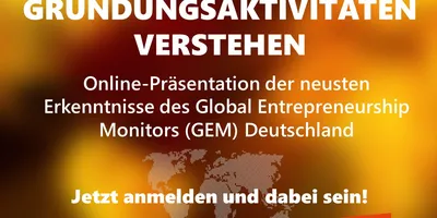 Plakat mit Text zu einer Online-Präsentation am 29. Juni 2026 von 10:00 bis 11:30 Uhr zum Thema Gründungsaktivitäten verstehen mit Erwähnung des Global Entrepreneurship Monitors Deutschland und dem Hashtag #RKW Veranstaltung vor unscharfem Hintergrund und