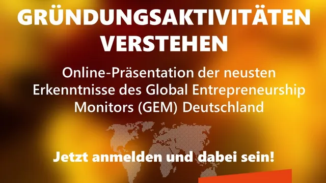 Plakat mit Text zu einer Online-Präsentation am 29. Juni 2026 von 10:00 bis 11:30 Uhr zum Thema Gründungsaktivitäten verstehen mit Erwähnung des Global Entrepreneurship Monitors Deutschland und dem Hashtag #RKW Veranstaltung vor unscharfem Hintergrund und
