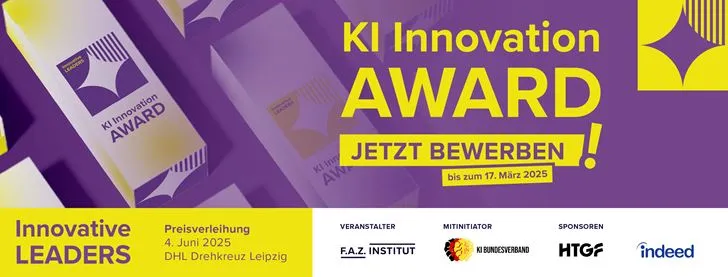 Werbung für den KI Innovation Award mit Bewerbungsfrist bis 17. März 2025 und Preisverleihung am 4. Juni 2025 in Leipzig