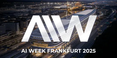 Luftaufnahme des The Squaire in Frankfurt bei Nacht mit großem, halbtransparentem Schriftzug 'AIW' und Text 'AI WEEK FRANKFURT 2025' im Vordergrund.