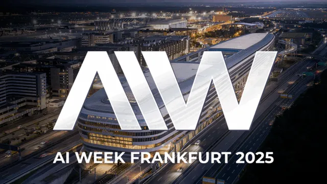 Luftaufnahme des The Squaire in Frankfurt bei Nacht mit großem, halbtransparentem Schriftzug 'AIW' und Text 'AI WEEK FRANKFURT 2025' im Vordergrund.