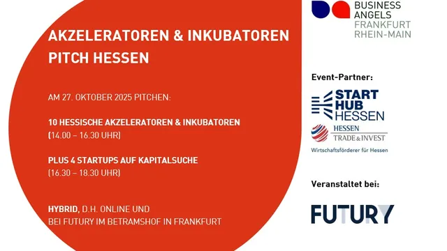 Rotes, abgerundetes Rechteck mit weißem Text zu Pitch Hessen am 27. Oktober 2025, darunter Logos von Business Angels Frankfurt Rhein-Main, Start Hub Hessen, Trade & Invest Hessen und Futury.
