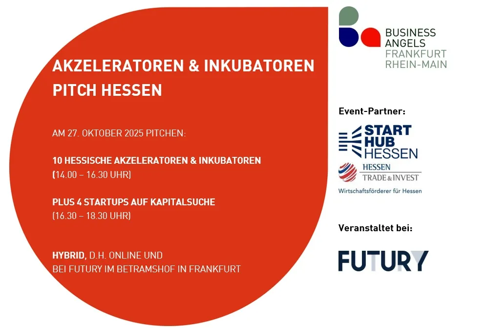 Rotes, abgerundetes Rechteck mit weißem Text zu Pitch Hessen am 27. Oktober 2025, darunter Logos von Business Angels Frankfurt Rhein-Main, Start Hub Hessen, Trade & Invest Hessen und Futury.